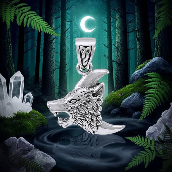 Celtic Wolf on Crescent Moon Sterling Silver Pendant - Picture 1 of 4